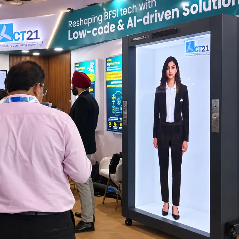 HoloBox911 displaying a life-size digital presenter at ACT21 exhibition