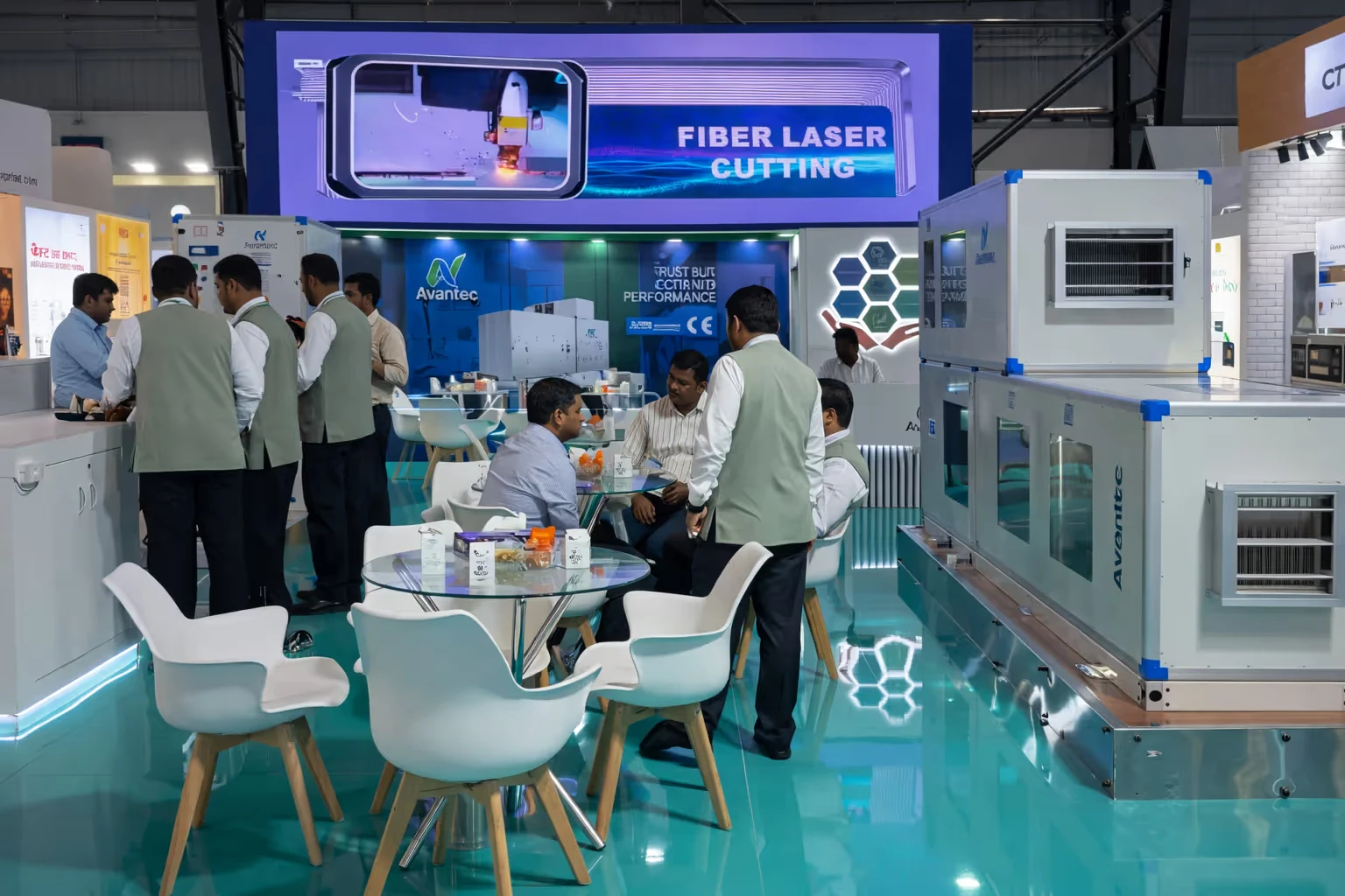Exhibition booth showcasing fiber laser cutting technology with attendees seated at tables and talking.