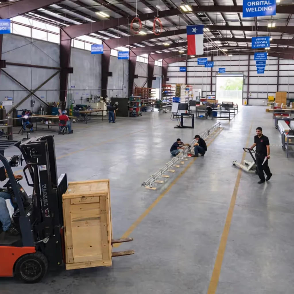 Large industrial warehouse with workers assembling equipment, forklift moving wooden crate, and overhead signs including one for orbital welding.