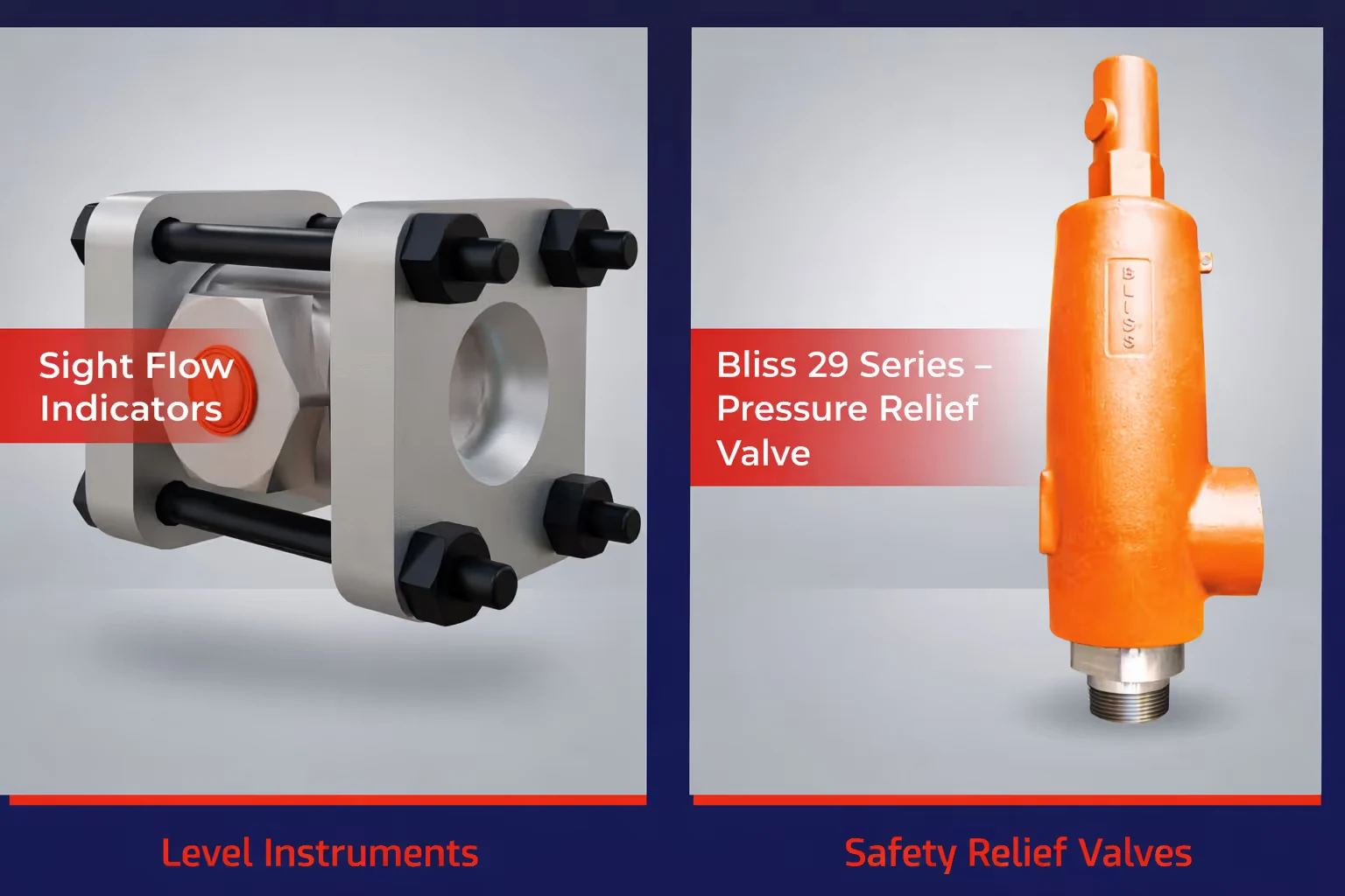 Left side shows a sight flow indicator with bolts; right side shows an orange Bliss 29 Series pressure relief valve.