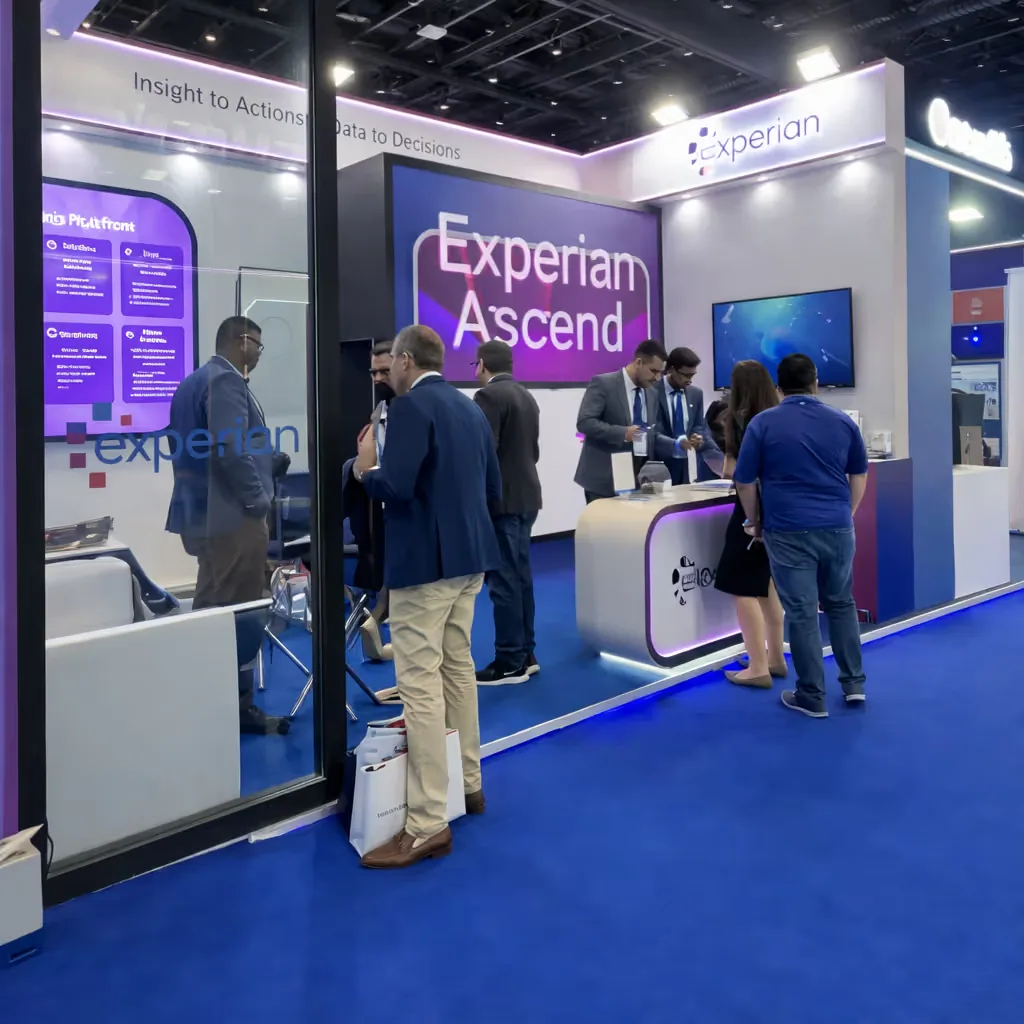 Enterprise exhibition booth at a major trade show with immersive LED display and engaged visitors creating a memorable brand activation
