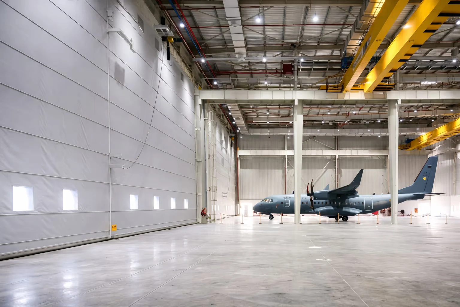 Military transport aircraft parked inside a large, well-lit hangar with a polished concrete floor and yellow overhead cranes.