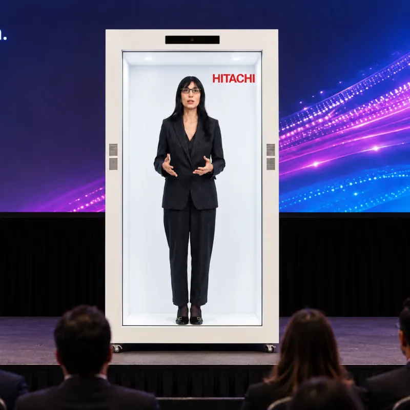 Seated delegates watching the live holographic keynote on the HoloBox911 stage unit at Hitachi's company event in New Delhi