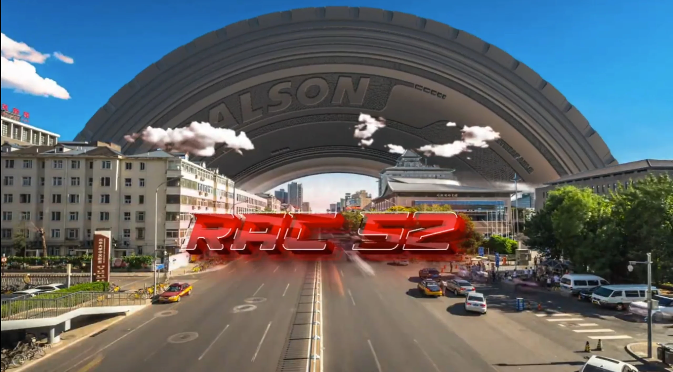 City street scene under a giant, arching tyre with text RAC 52 in bold red overlaid.