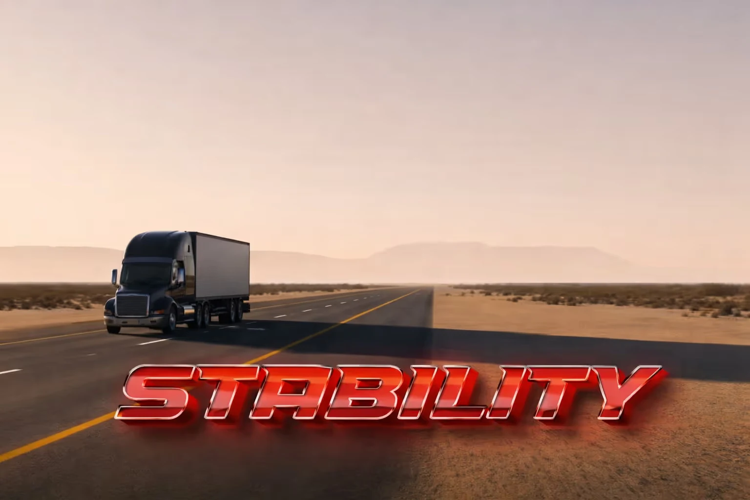 Black semi-truck driving on an empty desert highway under a clear sky with the word 'STABILITY' in bold red letters at the bottom.