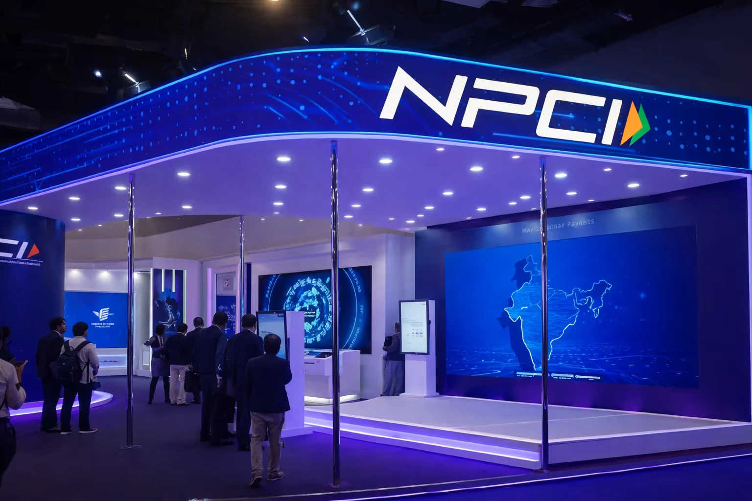 NPCI exhibition booth with digital displays and people observing, featuring a large screen map of India.
