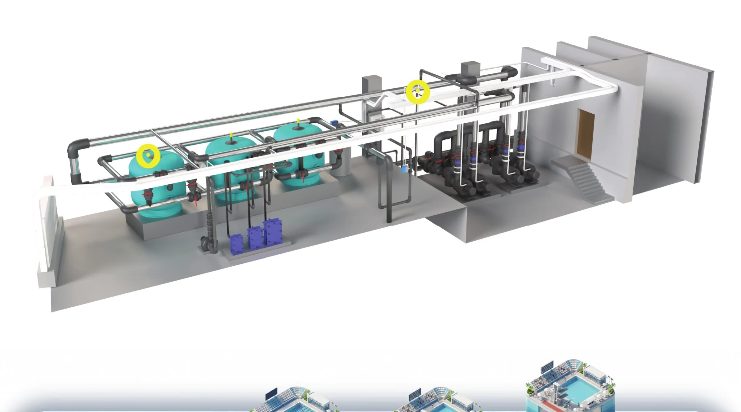 Fluidra pool plant room as a 3D cutaway showing sand filters, pumps and pipework