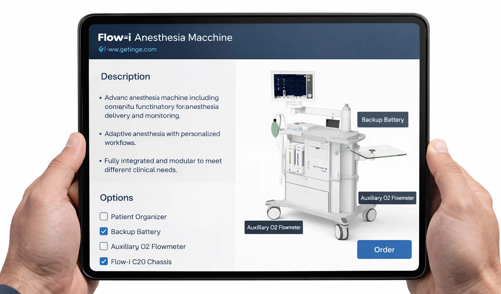 Tablet screen showing product details and options for Flow-i Anesthesia Machine with a labelled image of the machine and checkboxes for backup battery and chassis options.