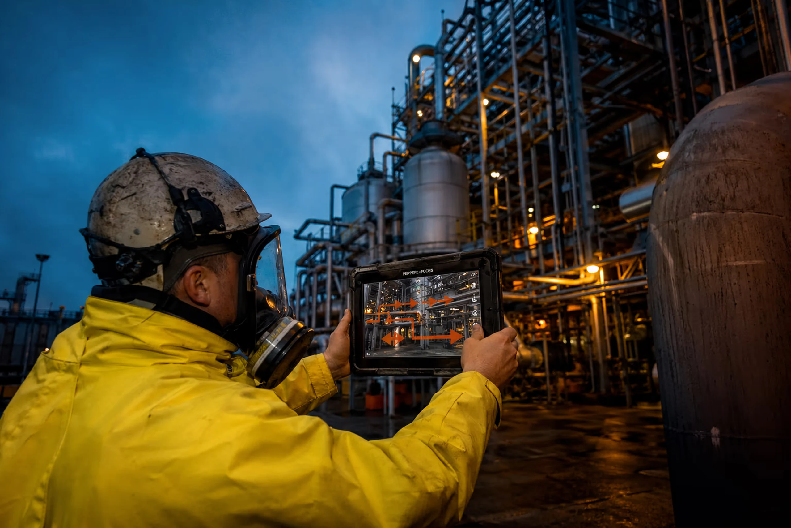 Worker in yellow protective suit and helmet using a tablet with industrial plant schematic in a refinery or factory at dusk.