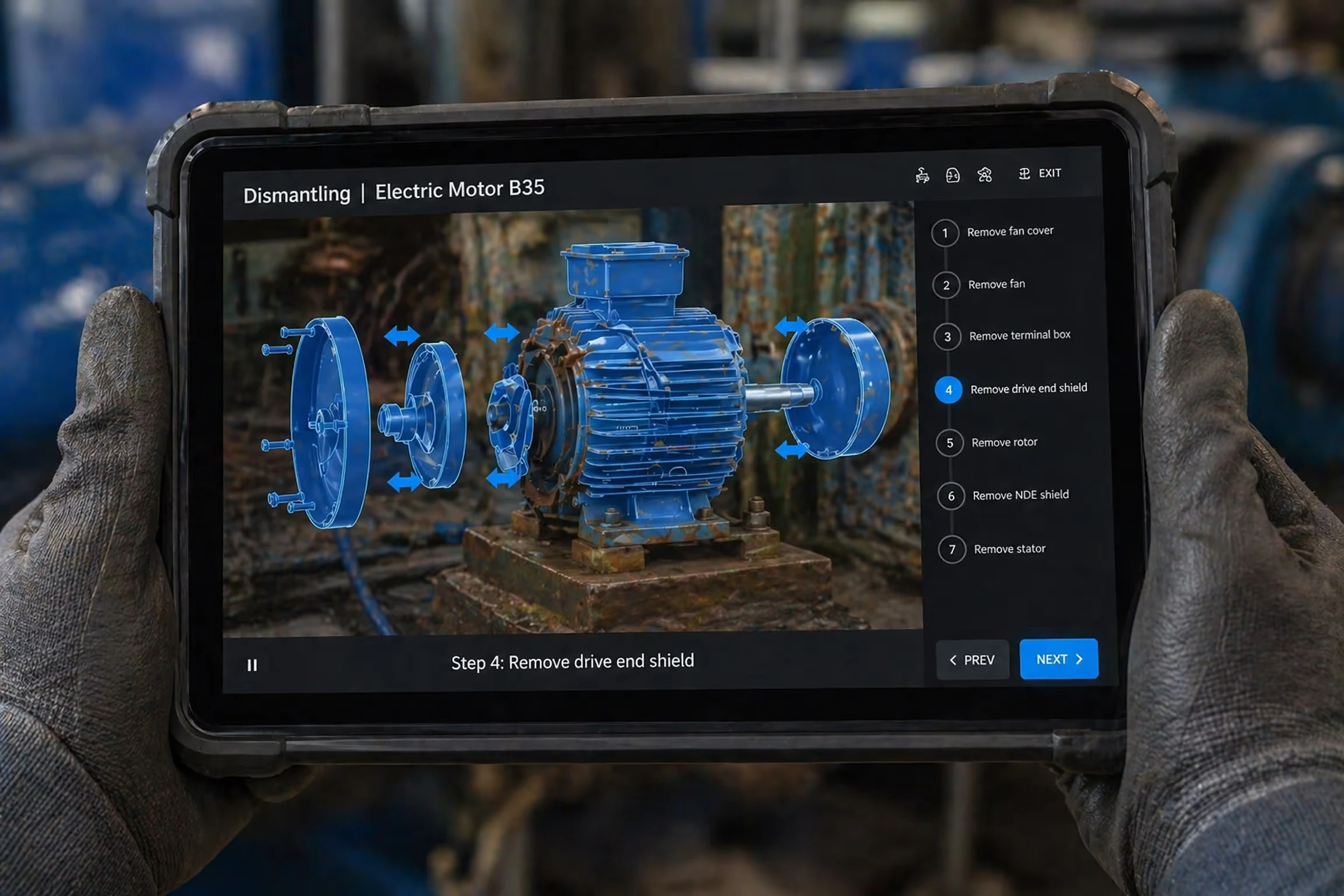 Tablet screen showing step 4 of dismantling electric motor B35 with 3D exploded parts in blue and instructions highlighted.