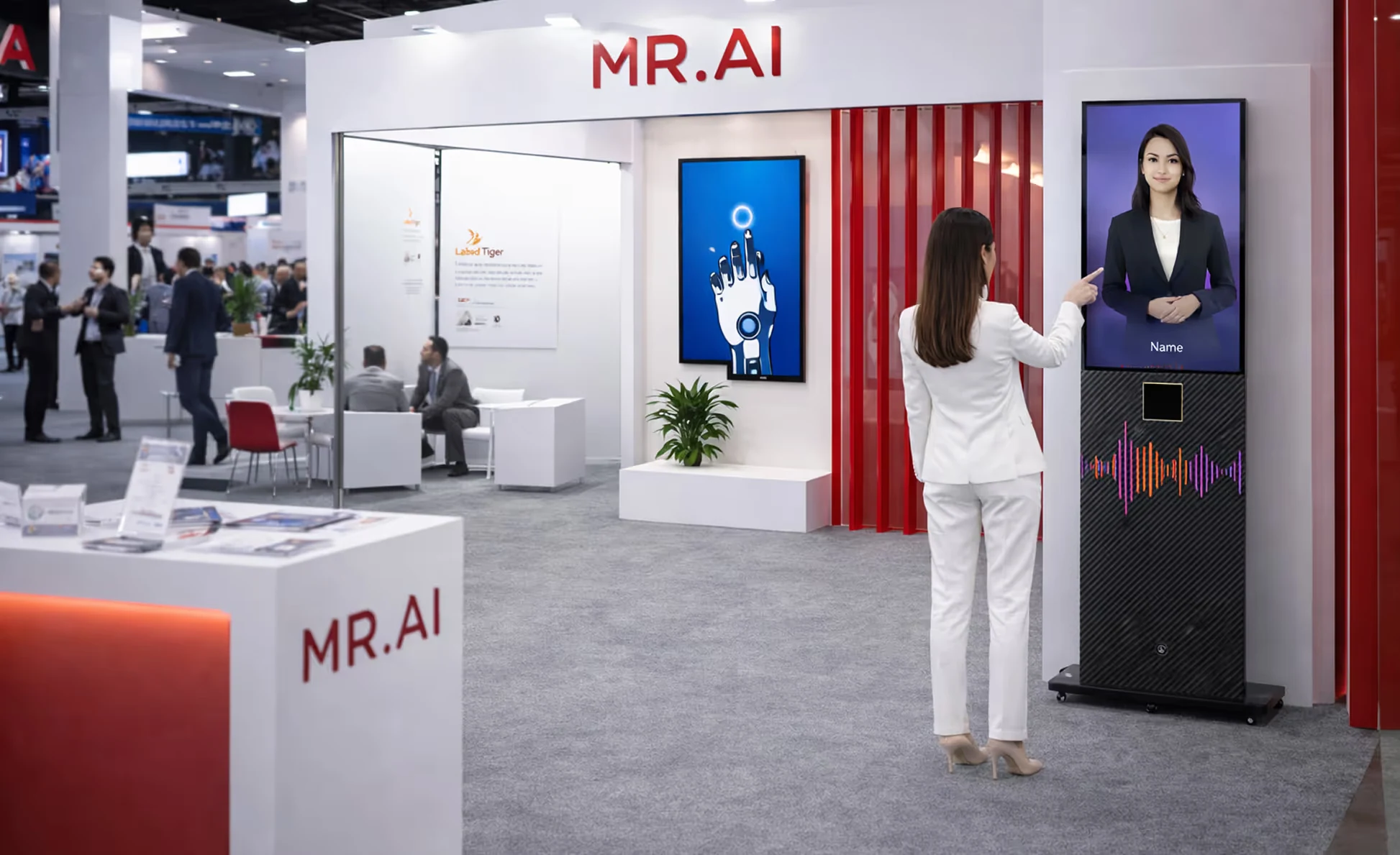 Interactive AI kiosk deployed at an exhibition booth for visitor engagement and product demonstrations