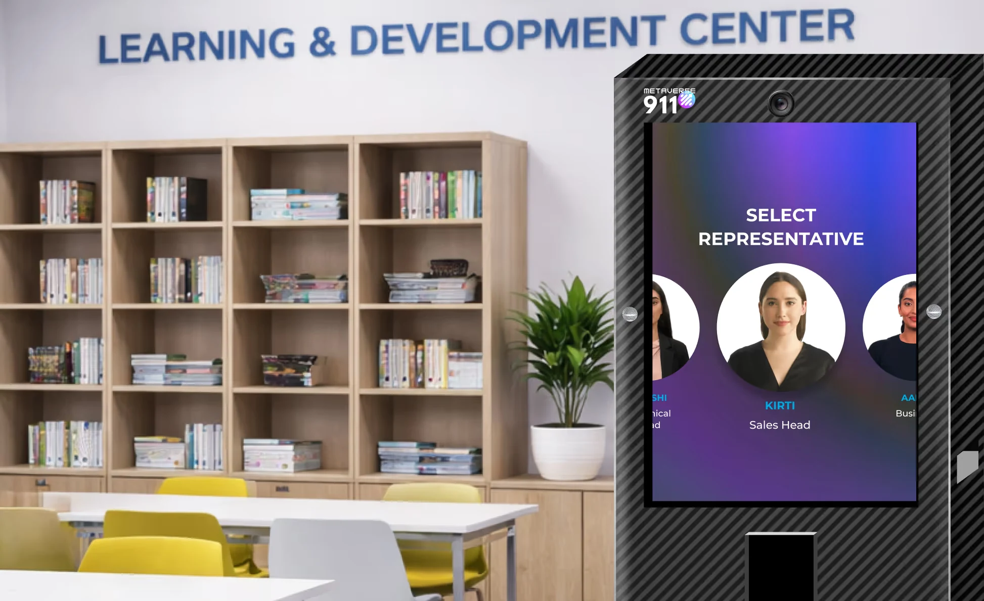 AI kiosk installed in a learning and development center for interactive visitor assistance and information delivery