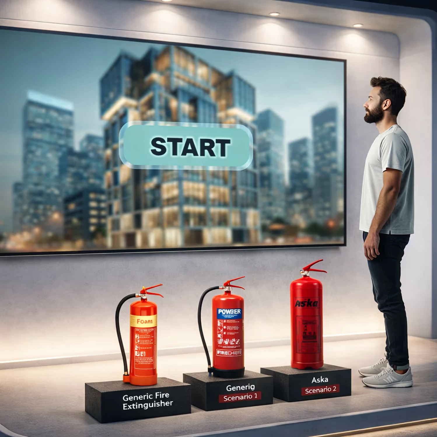 Man standing next to three fire extinguishers labeled Generic Fire Extinguisher, Generig Scenario 1, and Aska Scenario 2 in front of a large screen displaying a cityscape with a 'START' button.