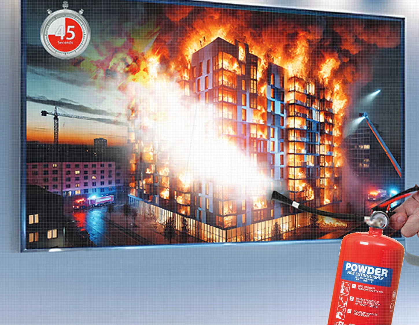 Hand holding a powder fire extinguisher spraying at a large building engulfed in flames.