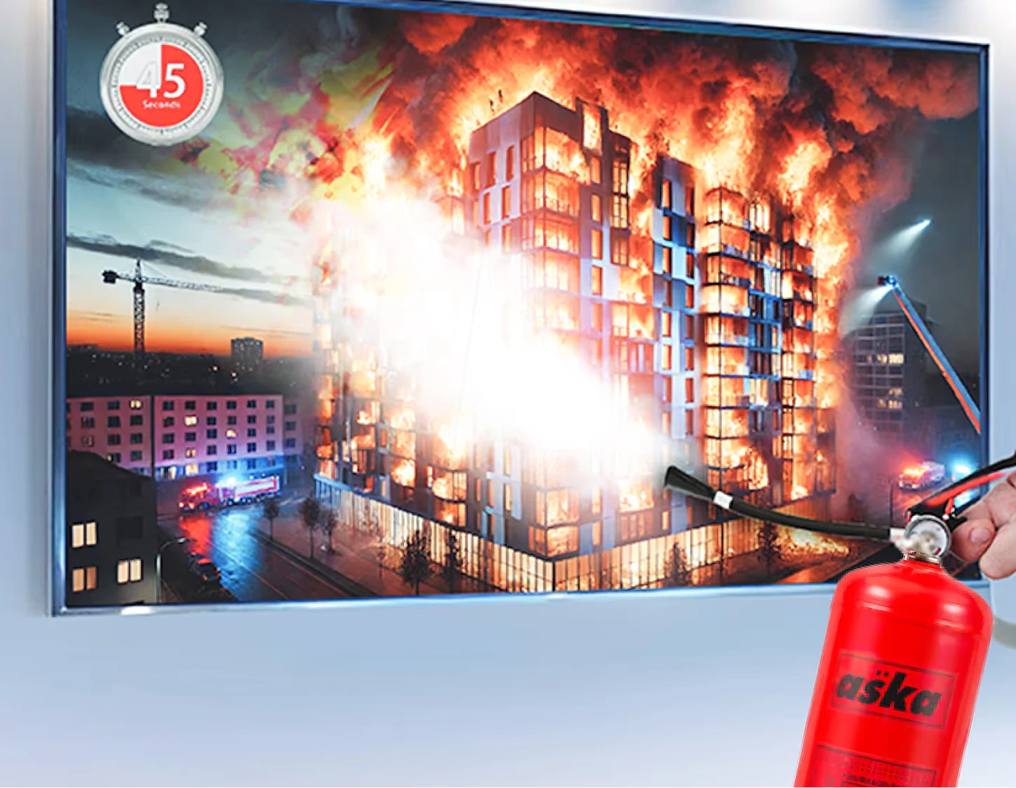 Hand using a red fire extinguisher to spray a large building engulfed in flames on a screen with a 45-second timer icon.