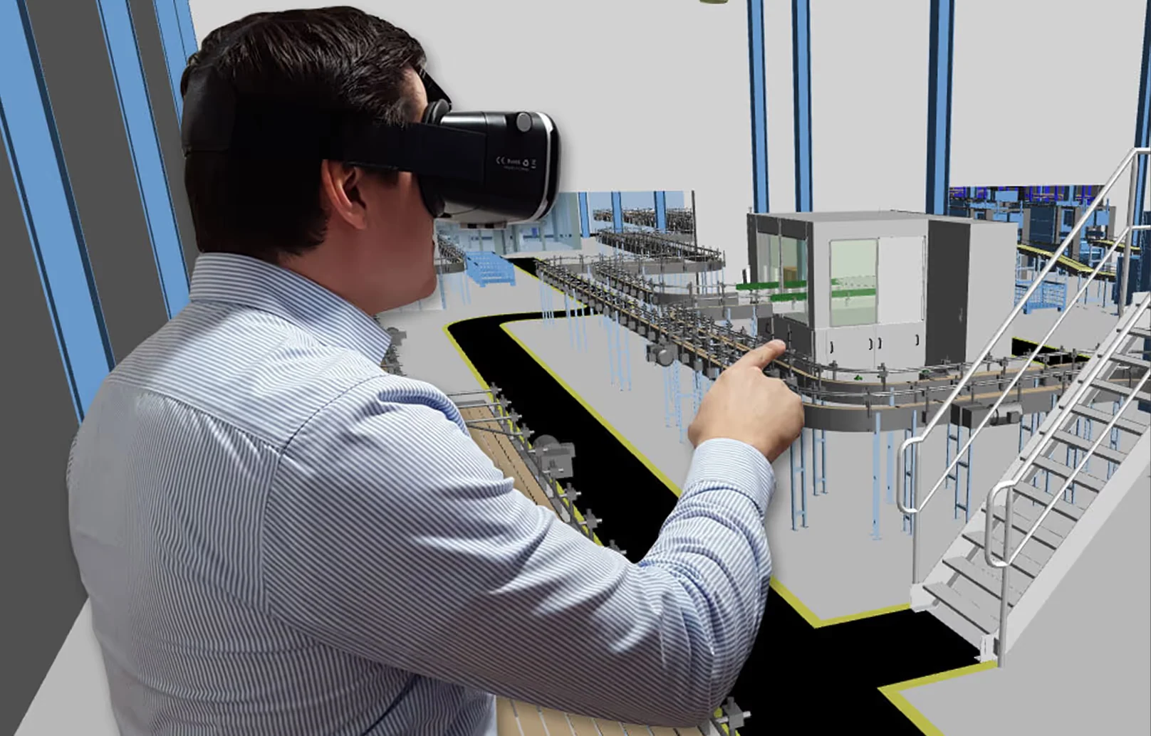 Interactive touchscreen controls for a 360° virtual factory tour with hotspot navigation and zoom features