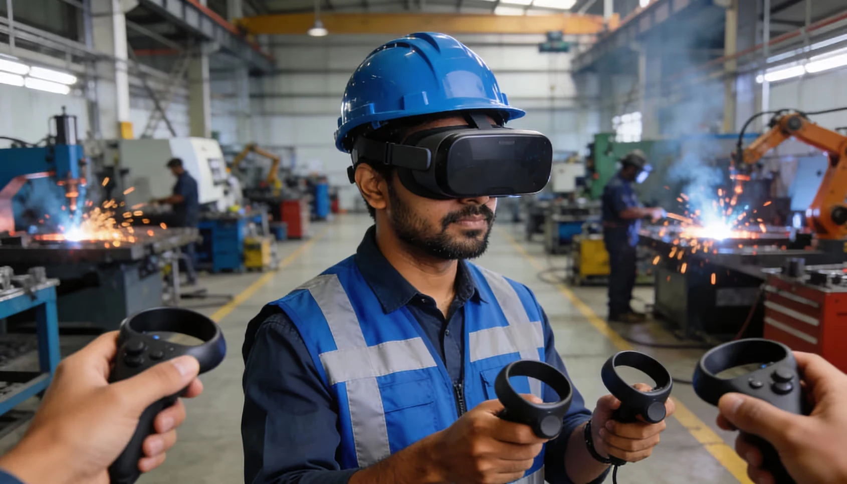 Industrial worker using a VR training simulator while production machines continue operating without downtime
