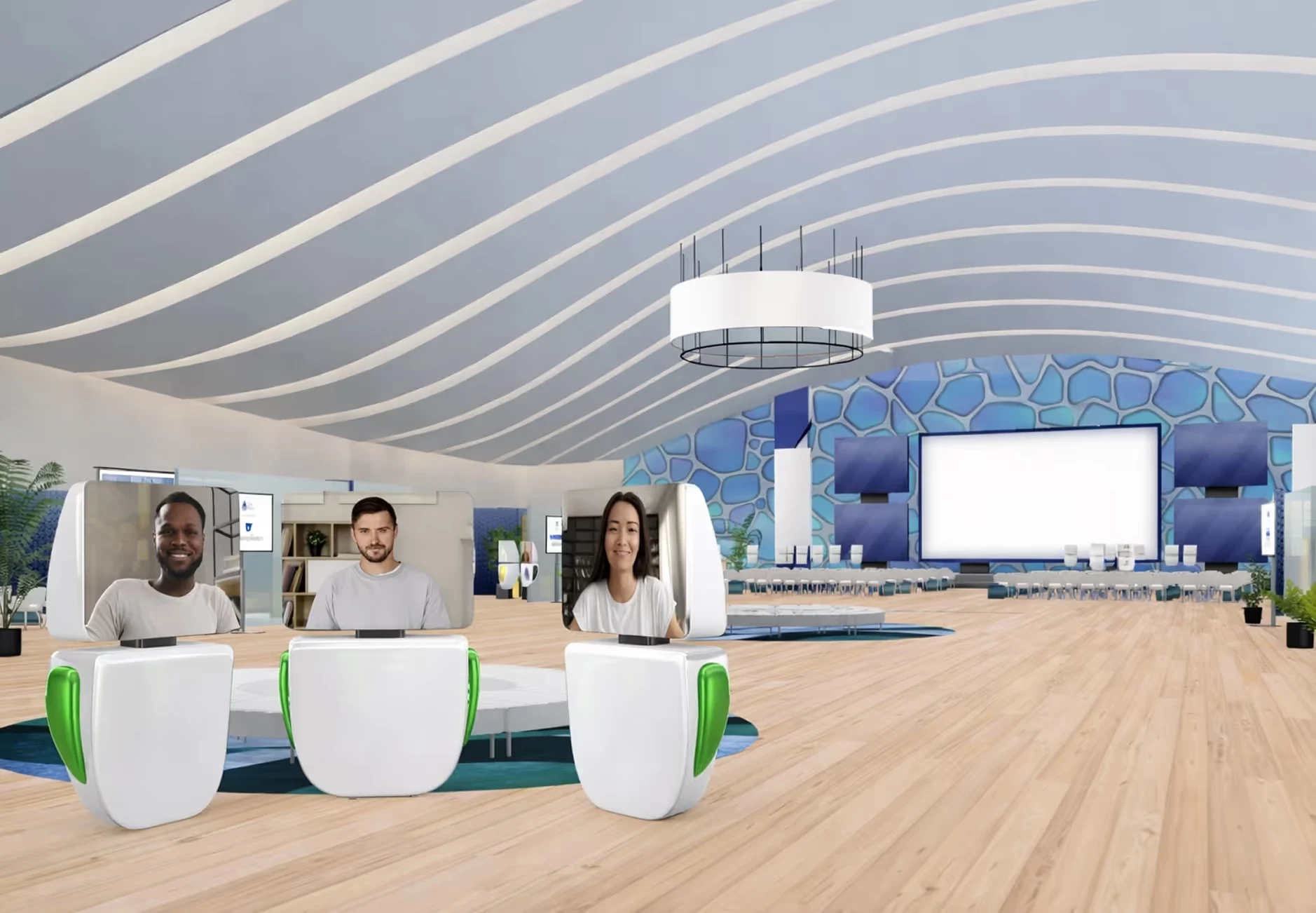 Virtual conference room with three digital avatars displayed on futuristic white and green podiums against a modern space with a large screen and blue patterned wall, illustrating Virtual Induction in the Metaverse.