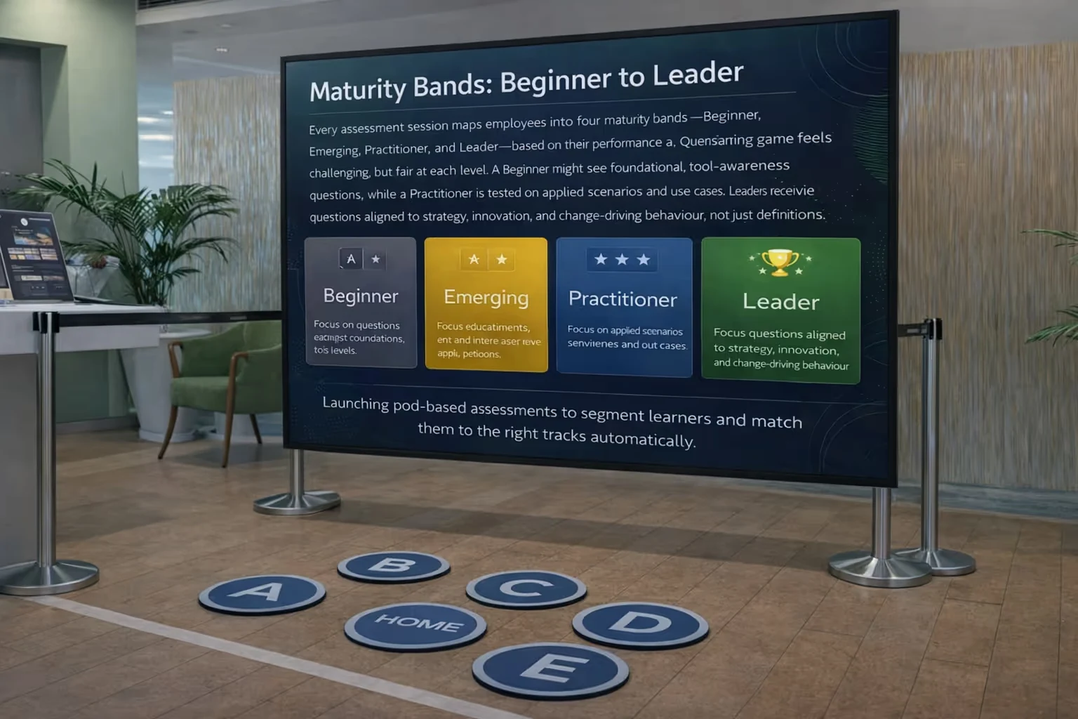 Large screen showing four maturity bands from Beginner to Leader with descriptions, in an office setting with floor buttons labeled A, B, C, D, E, and HOME.